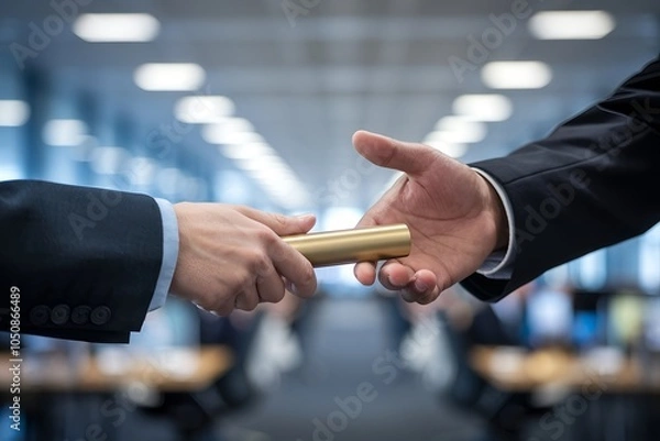 Obraz Hands passing relay baton close-up, symbolizing smooth teamwork handover, trust, and collaboration in business; ideal for presentations, websites, and teamwork campaigns.