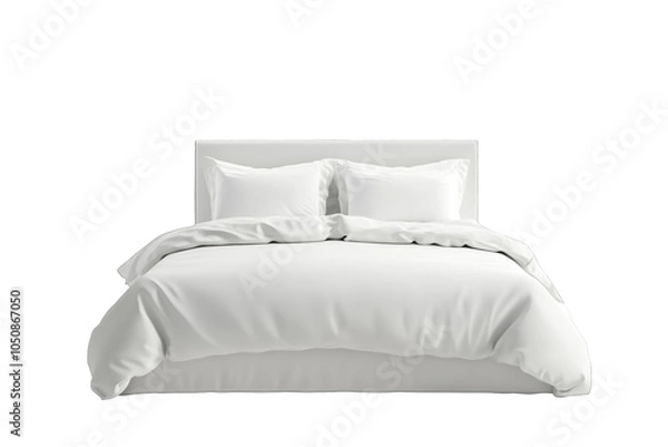 Fototapeta Cozy and inviting white bedding on a modern bed in a softly lit room, creating a serene atmosphere for relaxation and rest