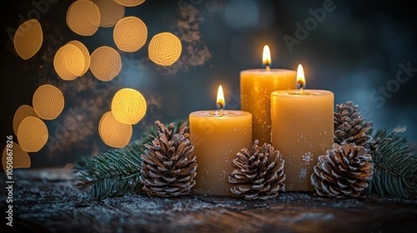Fototapeta Christmas candles with pinecones and bokeh lights