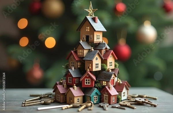 Obraz Miniature houses stacked as Christmas tree with star topper and keys at base. Indoor holiday decoration for real estate and home ownership theme