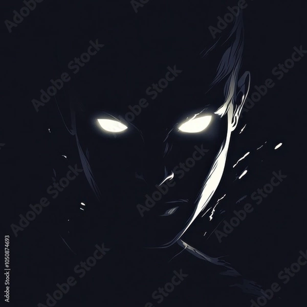 Fototapeta A dark silhouette with glowing white eyes emerging from shadows, high contrast, minimalist style, neon accents