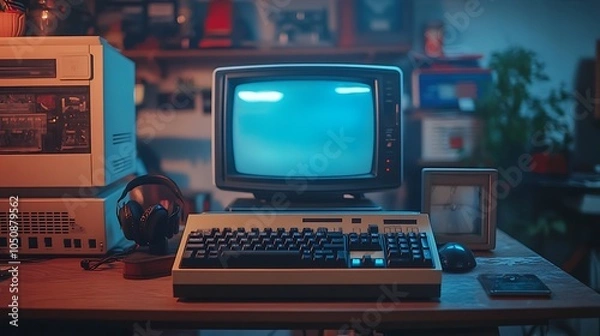 Obraz Old computer keyboard with mechanical keys on a desk with a CRT monitor creating a nostalgic office setup