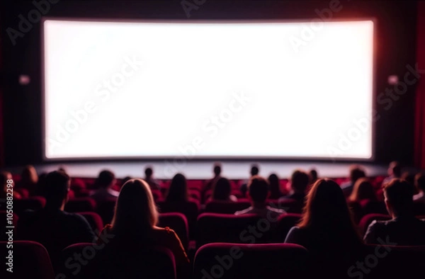 Fototapeta People in the cinema watching a movie. Blank empty white screen. People silhouettes in the cinema. Blurred defocused image