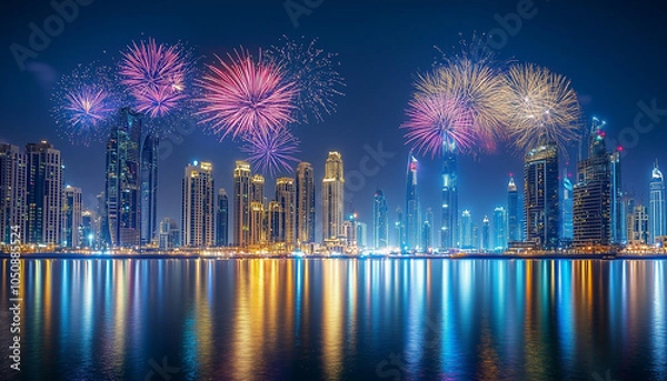 Fototapeta A view of Dubai that comes alive with the bright lights of fireworks that sparkle in the night sky