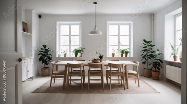 Fototapeta A spacious dining area features a large wooden table surrounded by chairs, illuminated by sunlight. Green plants in pots adorn the windowsills, creating a fresh and inviting atmosphere