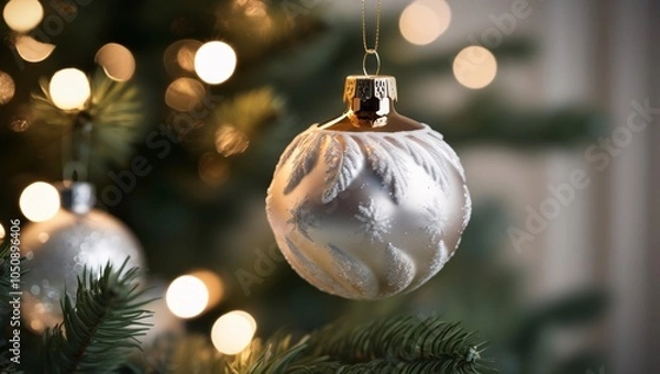 Obraz A beautifully crafted silver ornament adorned with intricate designs hangs from a Christmas tree. Soft, warm lights create a festive and inviting atmosphere, perfect for holiday celebrations