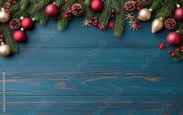 Fototapeta Festive Christmas decorations arranged on a rustic blue wooden background for a holiday-themed display.