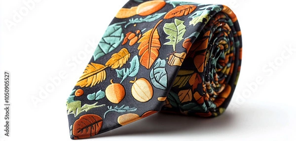 Fototapeta Colorful tie with leaf and fruit patterns, isolated on a white background.