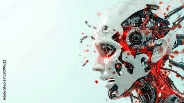 Fototapeta A highly detailed robotic head with visible internal circuitry displays an intricate network, symbolizing advanced technology and artificial intelligence.