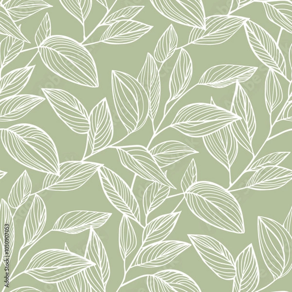 Fototapeta Leaves seamless pattern. Vector botanical ornament, floral texture with linear foliage silhouettes, branches. Simple modern minimal leaf background. Sage green color. Repeated design for decor, fabric