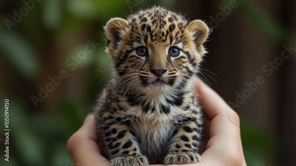 Fototapeta A small leopard cub with blue eyes is held in a person's hands. The cub is looking directly at the camera.