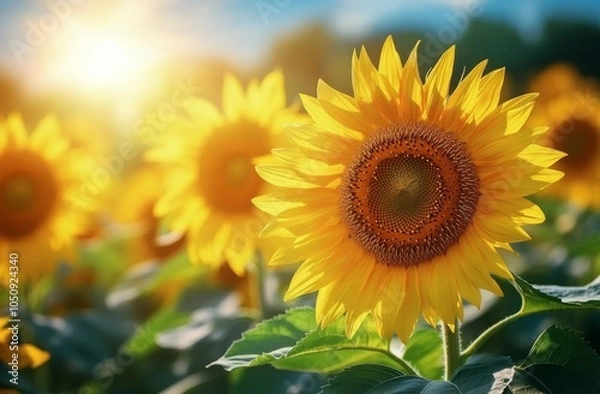 Obraz Bright sunflowers in a vibrant field under a warm evening glow in summer