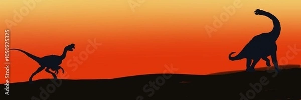 Obraz silhouette of dinosaur. Orange red black background illustration Brachiosaurus dinosaur standing with Oviraptor dinosaur. silhouette of dinosaurs