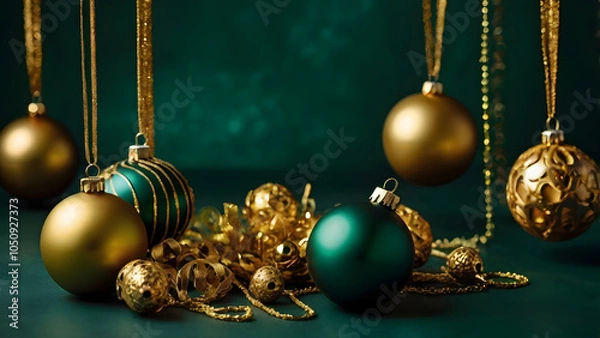 Fototapeta Dark green background and gold Christmas decorations: deep emerald colors and five gold-lined decorations  generative ai