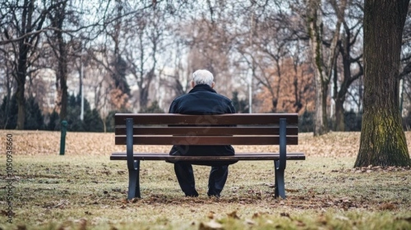 Obraz An elderly person sitting alone on a park bench symbolizing social isolation among the elderly, Reflecting the loneliness and neglect faced by senior citizens, minimalistic style