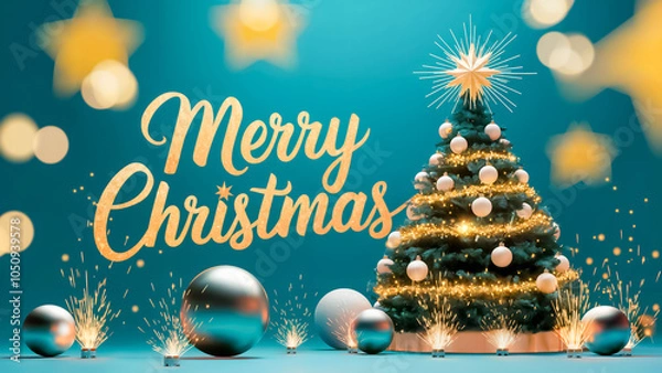 Fototapeta A greeting card with a decorated Christmas tree in a turquoise background. The "Merry Christmas" greeting is written in gold handwritten letters. 