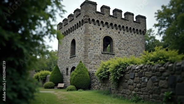 Fototapeta Stone wall with greenery, castle in background, serene nature, architectural beauty, historical structure. Generative, AI.


