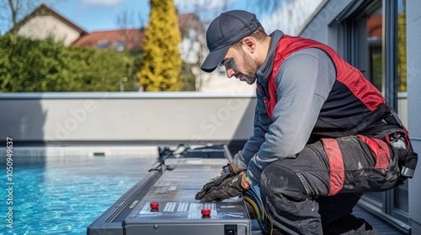 Fototapeta Technician installing a pool heating system at a residential property