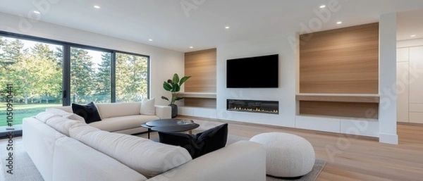 Fototapeta Modern minimalist living room design featuring a cozy sofa and large windows with a view of nature