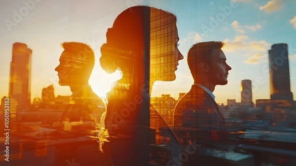 Fototapeta Backlit business team collaborating in a modern office with sunlight flooding the room represented in a double exposure effect to highlight teamwork and corporate goals