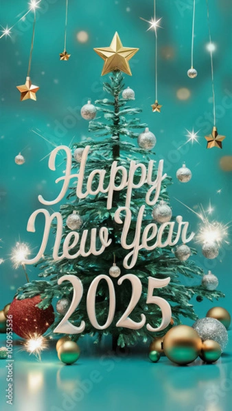 Fototapeta Vertical greeting card with a decorated Christmas tree with a golden star on top in a turquoise background. The greeting "Happy New Year 2025" is written in white handwritten letters.