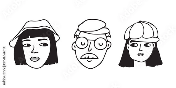 Obraz Three line cartoon people with hats. Black white hand drawn people heads faces with goatee, mustache. Vector set of illustrations on white background