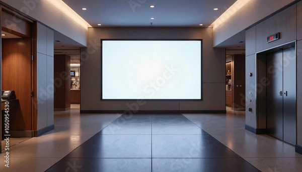 Fototapeta Modern office lobby with large white screen display, blank mockup for design