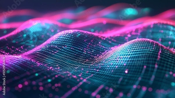 Obraz Futuristic digital landscape with neon pink and teal waves, resembling data grids and virtual terrain, creating a dynamic and immersive visual. AI generative.