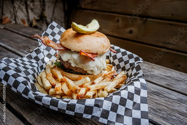 Obraz Cheese Burger with bacon and pickle on top over french fries on patio table