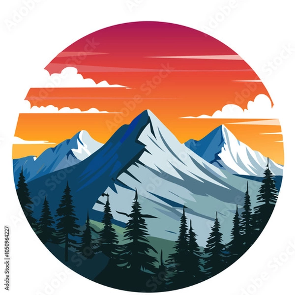 Fototapeta Circular Closeup of a Sunset Portrait of the mountains with pine trees in pastel colors vector