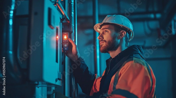 Fototapeta technician is inspecting gas furnace for leaks and safety concerns, ensuring proper functionality and safety in industrial setting. focused expression highlights importance of task