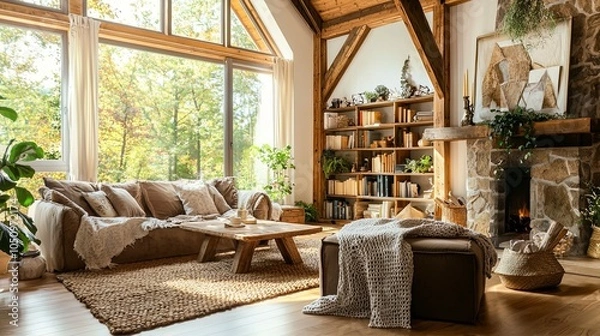 Fototapeta Warm and Cozy Living Room with Rustic Beams and Stone Fireplace - Generative AI