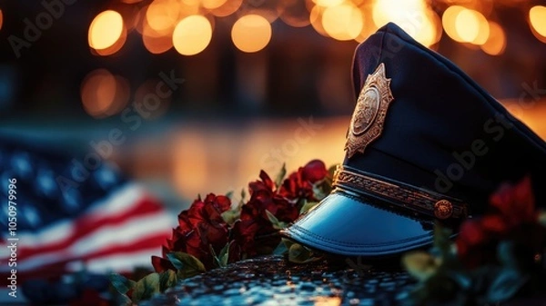 Obraz Police hat and roses on memorial with flag