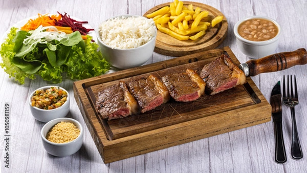 Fototapeta rump steak with fries and rice