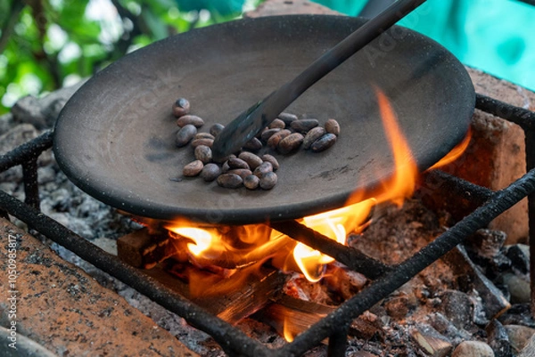 Fototapeta Cacao beans roasting over a fire on a primitive grill. They are being turned with a spoon