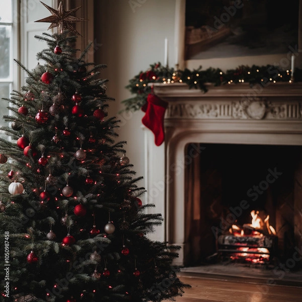 Obraz fireplace with christmas decorations