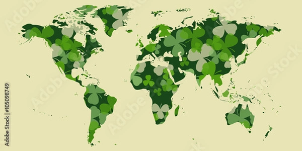 Fototapeta Vector St Patrick's day card. Green clover leaves on world map shape and white or beige background. Irish spring design for card, invitation or greeting, website. International holiday