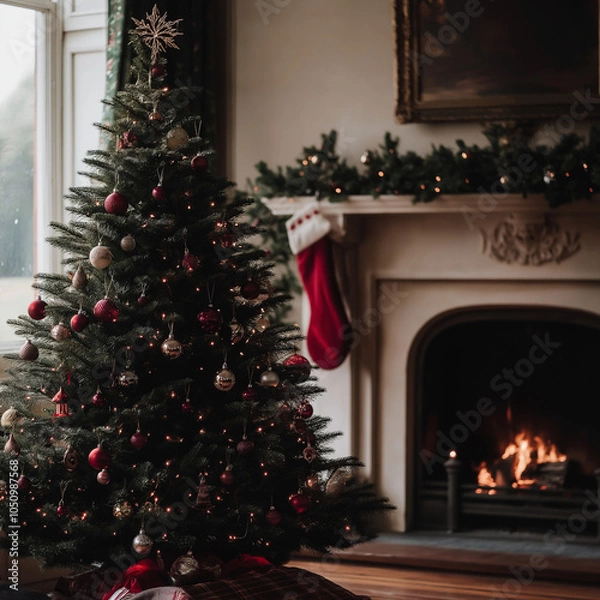 Obraz fireplace with christmas decorations