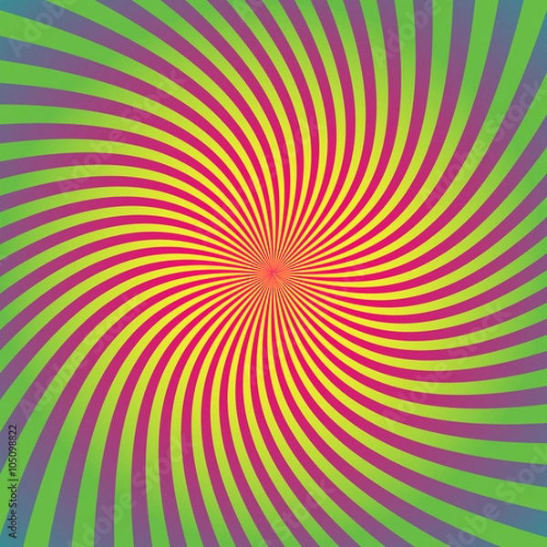 Fototapeta Sunburst, starburst background set, colorful rays, beams, colored warp, twist, whirl. Psychedelic retro design in yellow, pink, green, blue, violet, purple for card, websites, brochures and booklets