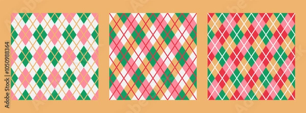 Obraz Set of seamless geometric Argyle patterns in green, pink, red and white. Classic Christmas backgrounds for fabric, textile, clothing, wrapping paper, scrapbook. Vector design