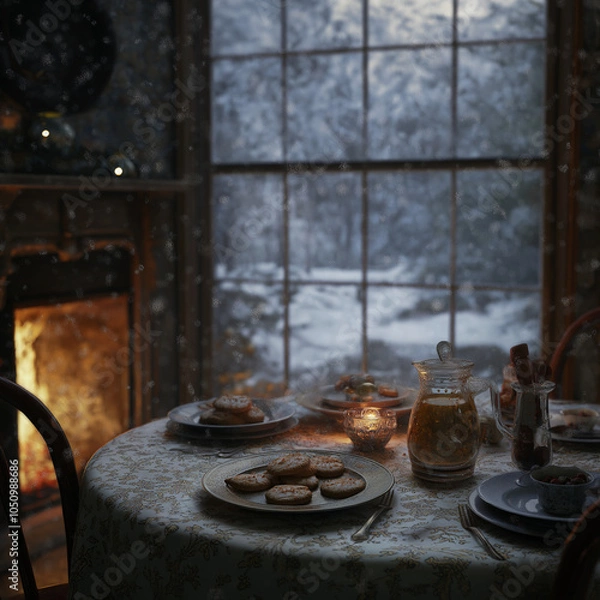 Obraz fireplace with christmas decorations