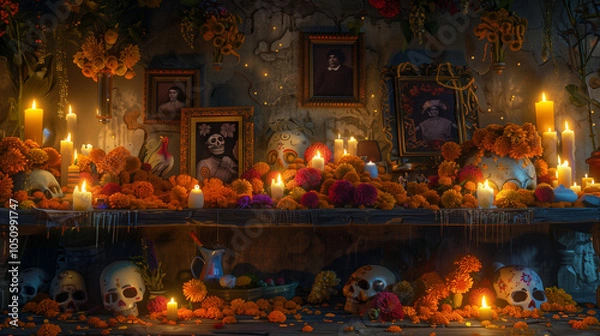 Fototapeta A high-definition photograph of a Día de los Muertos altar, covered with vibrant marigolds, sugar skulls, and colorful candles.