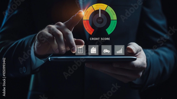 Fototapeta Credit Score Monitoring Concept: A businessman uses a tablet to monitor a credit score gauge, highlighting the importance of managing financial ratings for informed decisions.