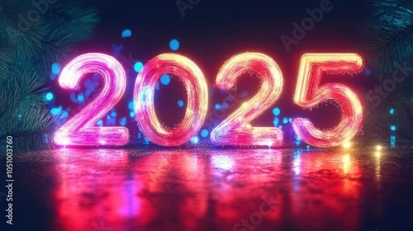 Fototapeta numbers 2025 on New Year bright background, neon style , ai