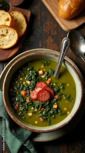 Obraz Portuguese Caldo Verde with Kale and Chorizo in a Hearty Broth