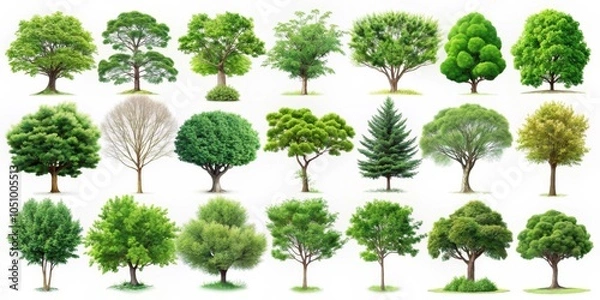 Obraz A collection of diverse tree illustrations isolated on a white background showcasing a variety of shapes, sizes, and leaf textures.