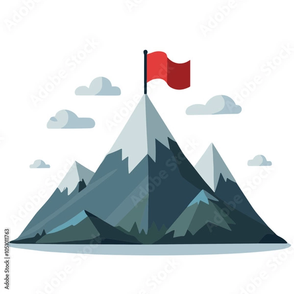 Fototapeta Mountain peak with red flag vector illustration in flat design  