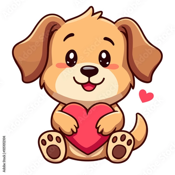 Fototapeta Adorable puppy holding red heart, love and affection concept, vector illustration