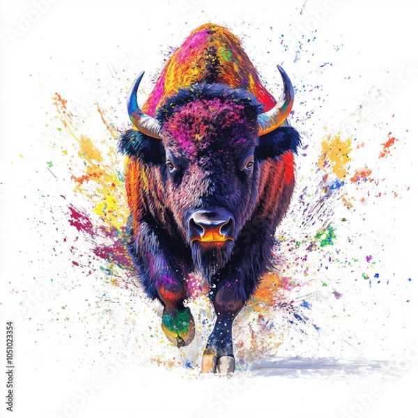 Fototapeta Dynamic abstract digital painting of an energetic Digital painting of a majestic American bison charging  through vibrant splashes of color on a white background