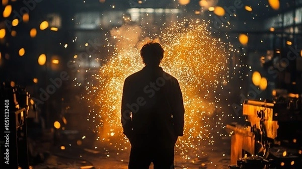 Fototapeta Silhouette of a Worker Amidst Sparks in a Factory